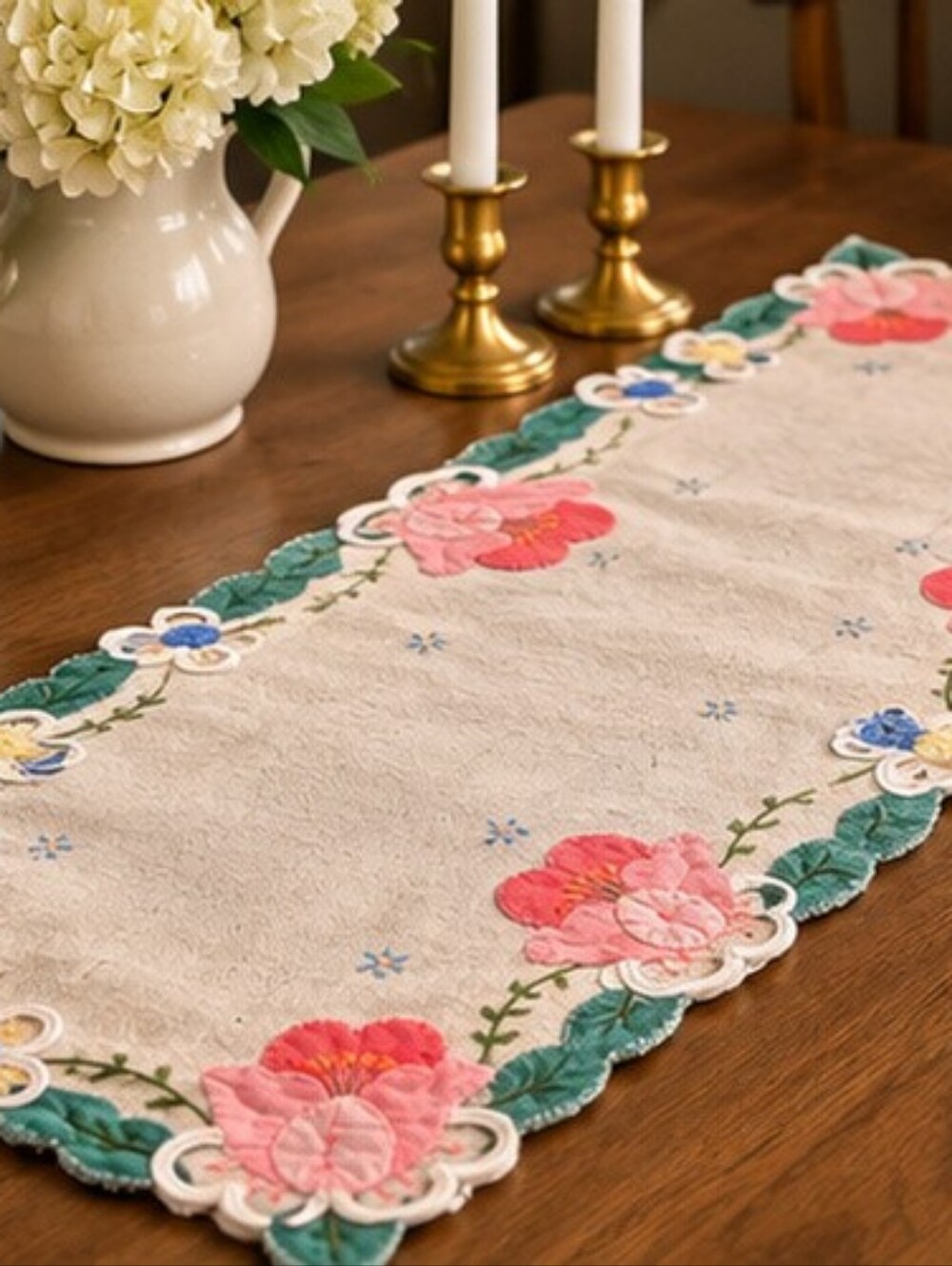 Vintage Floral Linen Table Runner & 2 Matching Placemats | Cottagecore Embroider